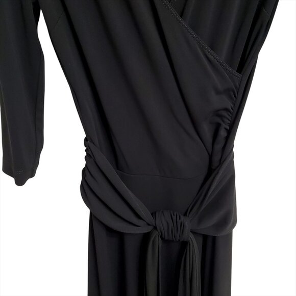 BCBGMaxAzria Black Faux Wrap Midi Dress M 3/4 Sleeve Tie Ruched Minimalist - Picture 7 of 12